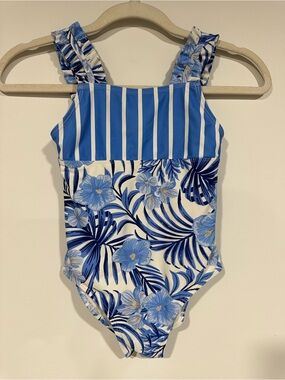 Tommy Bahama Blue White Ruffle Floral Swimsuit Swim Size 6 Girls One Piece